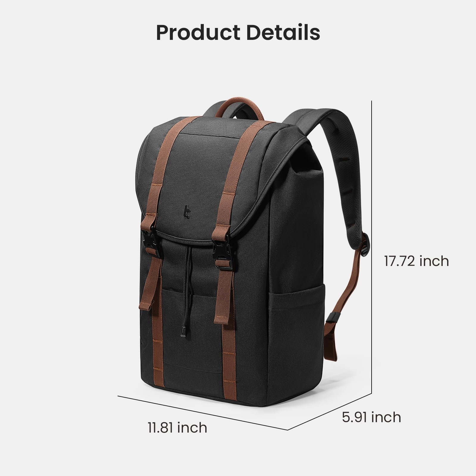 tomtoc Flap Laptop Backpack, Lightweight, Water-Resistant Casual Daypack, Durable Work-pack, Vintage Classic Rucksack for 13-15.6 Inch Laptop, perfect for Campus, Street, 22L Black - Image 9