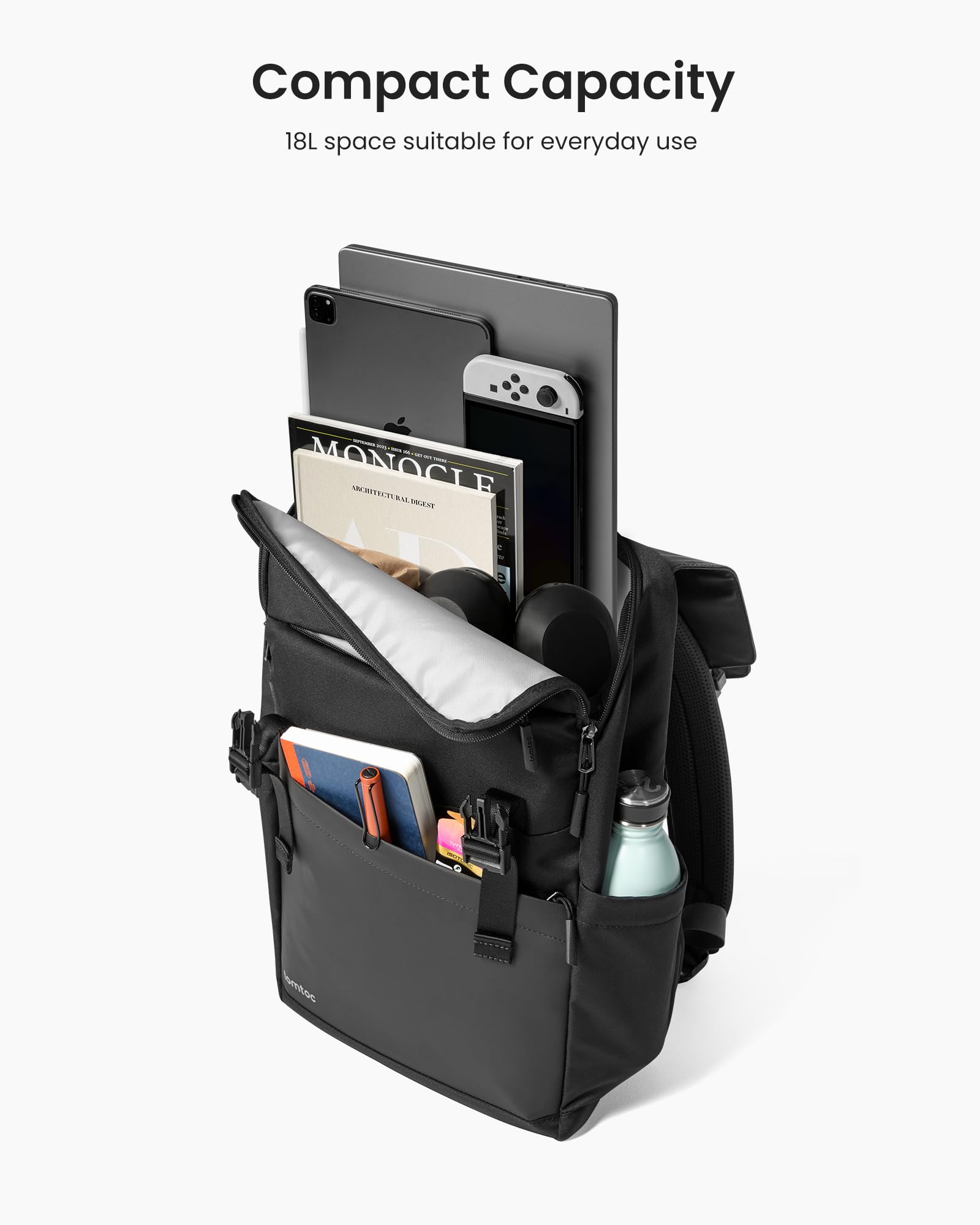 tomtoc Flap Laptop Backpack, Lightweight, Water-Resistant College Travel Casual Daypack, Slim Durable Work-pack Rucksack for 13-16 Inch MacBook Laptop, Large Capacity, 18L, Black - Image 3