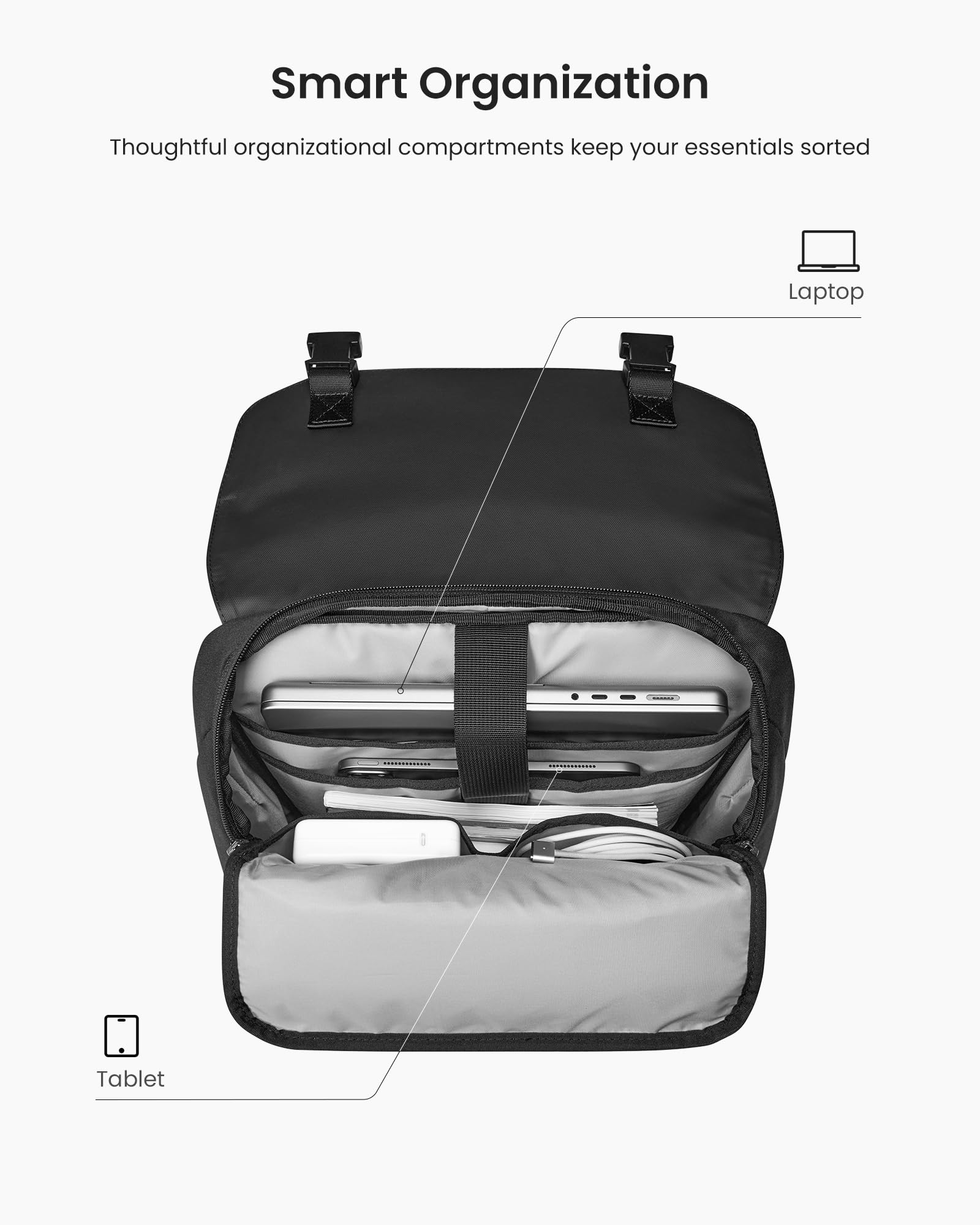 tomtoc Flap Laptop Backpack, Lightweight, Water-Resistant College Travel Casual Daypack, Slim Durable Work-pack Rucksack for 13-16 Inch MacBook Laptop, Large Capacity, 18L, Black - Image 4