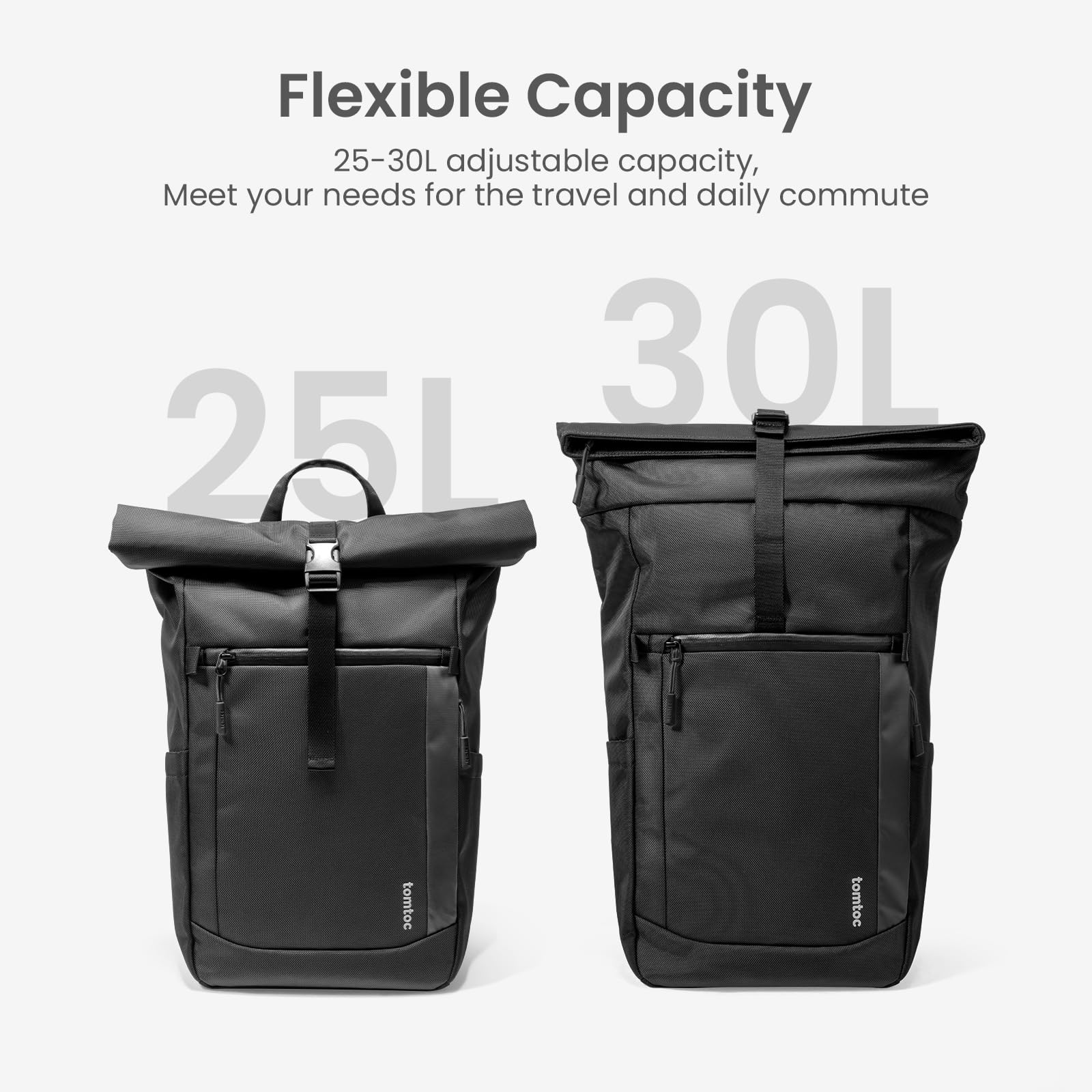 tomtoc Rolltop Laptop Backpack, Water-Resistant Travel Backpack Commute Expandable Casual Daypack for 13-17.3 inch Laptop, Rucksack for Work College Trip, Capacity Adjustable 25-30L, Black - Image 5