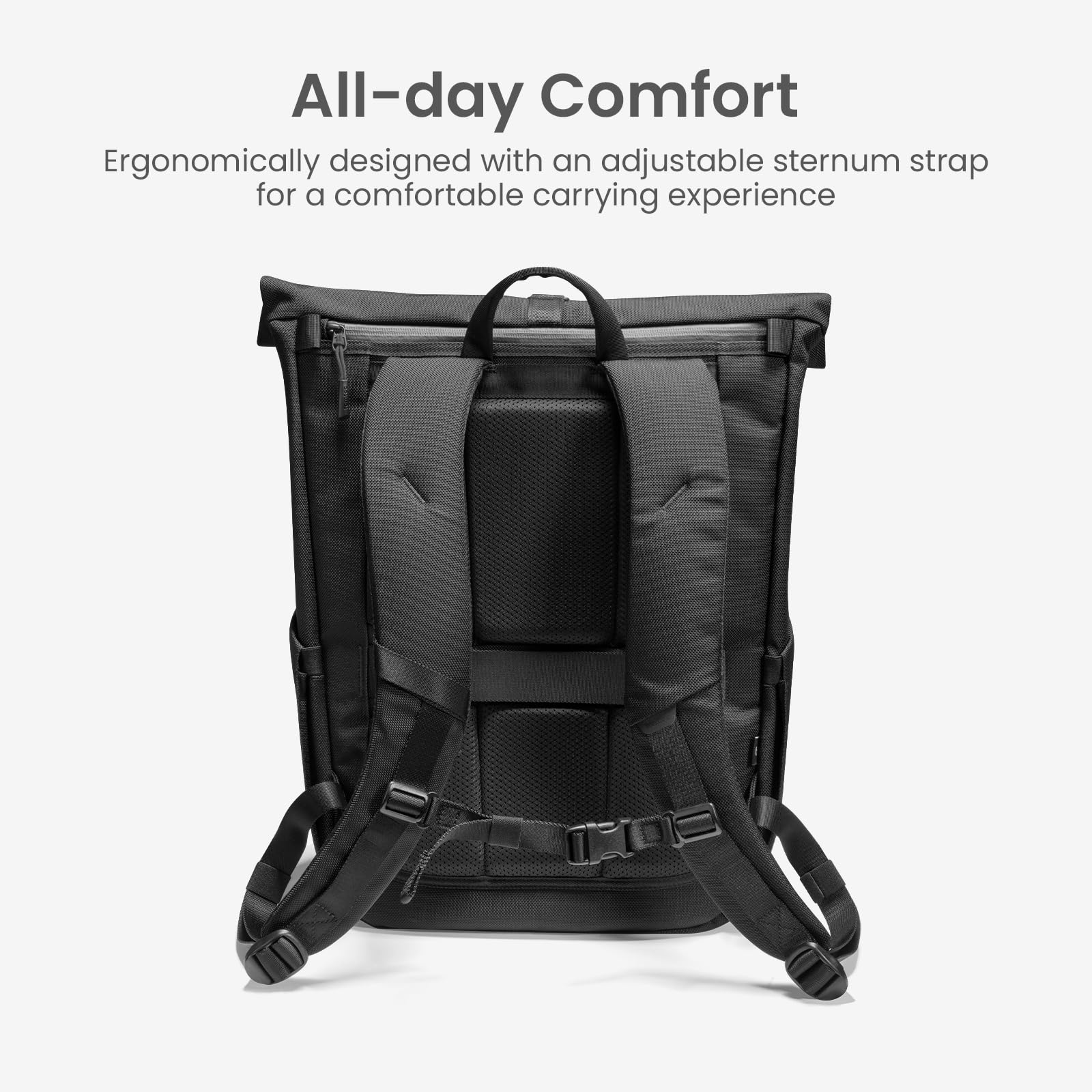 tomtoc Rolltop Laptop Backpack, Water-Resistant Travel Backpack Commute Expandable Casual Daypack for 13-17.3 inch Laptop, Rucksack for Work College Trip, Capacity Adjustable 25-30L, Black - Image 8